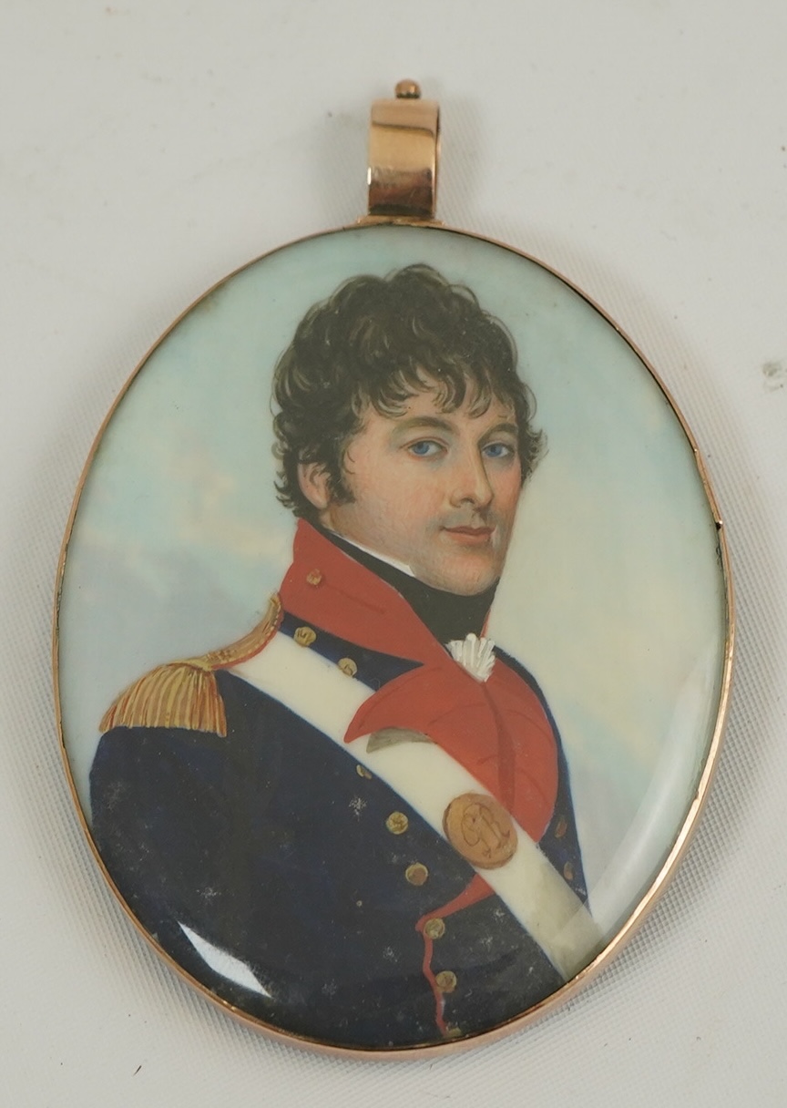 Frederick Buck (1771-1840), Miniature portrait of an army officer, watercolour on ivory, 6.5 x 5cm, gold locket frame with later blue enamelled back, CITES Submission reference FGWU6NF3